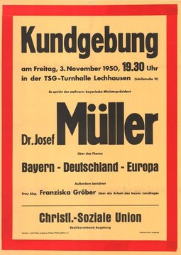 Aufruf für eine Kundgebung mit Josef Müller und Franziska Gröber 1950