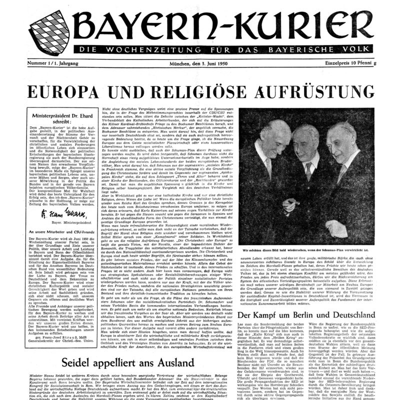 Die Seite eins der ersten Ausgabe des Bayernkurier vom 3. Juni 1950
