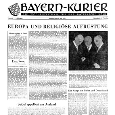 Die Seite eins der ersten Ausgabe des Bayernkurier vom 3. Juni 1950