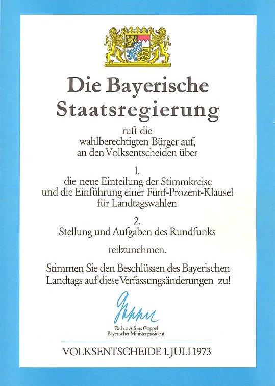 Plakat der Bayerischen Staatsregierung für den Volksentscheid 1973