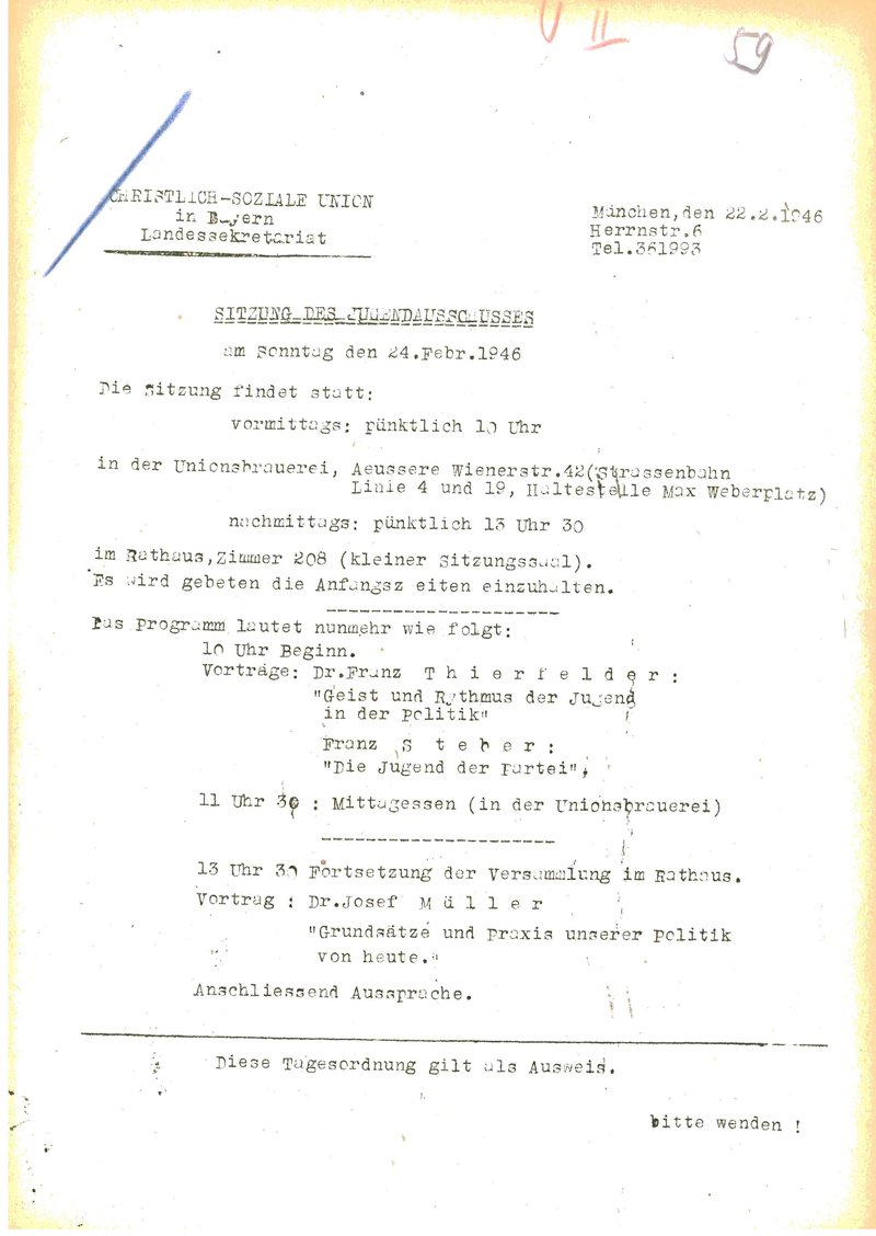 Einladung und Tagesordnung für die Versammlung am 24. Februar 1946