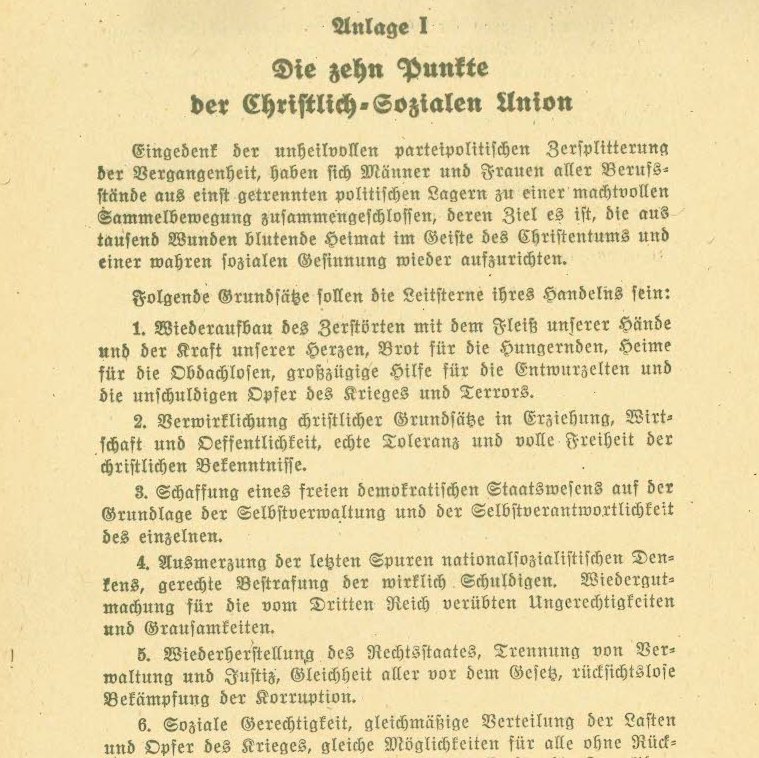 Die Zehn-Punkte-Erklärung des Vorläufigen Landesausschusses der CSU vom 31.12.1945