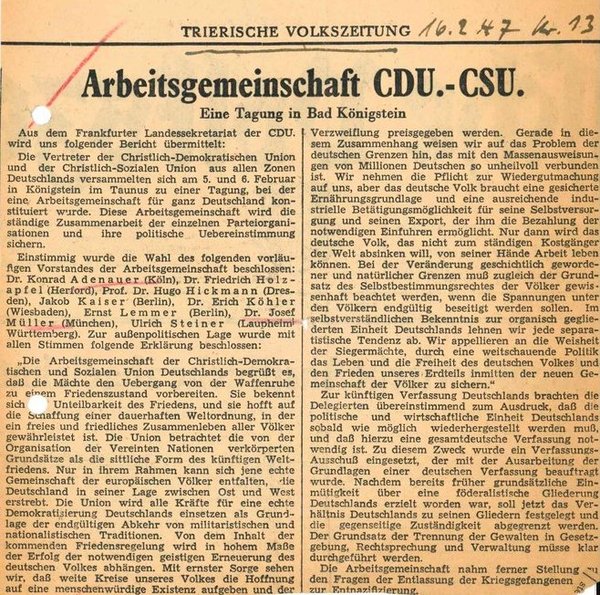 Zeitungsartikel über eine Tagung der Arbeitsgemeinschaft im Februar 1947