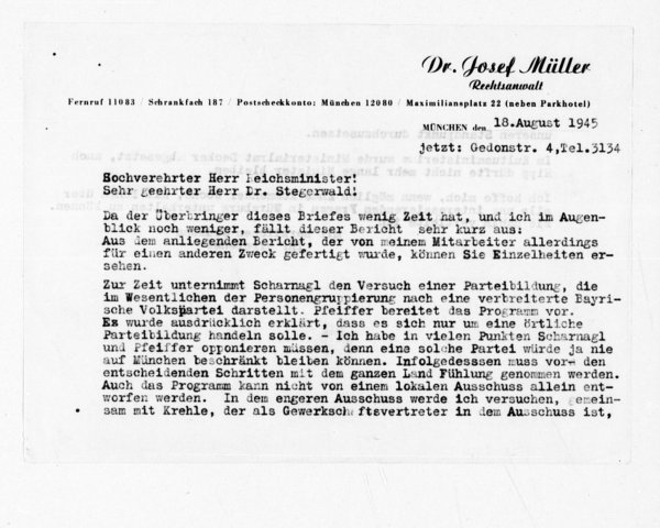 Schreiben von Josef Müller an Adam Stegerwald 18. August 1945 (Vorderseite)