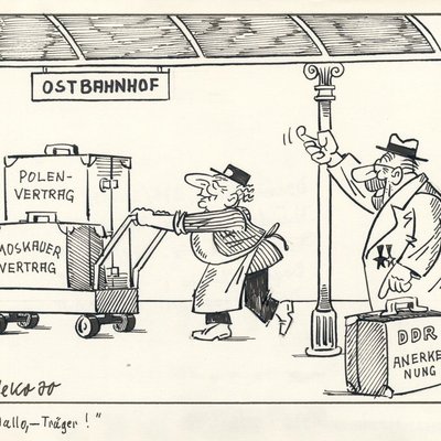 Zeichnung „Hallo, - Träger!“ vom 10.11.1970 mit Walter Ulbricht, der die Anerkennung der DDR mit den Ostverträgen verbinden will.
