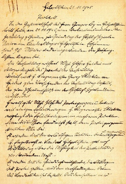 Protokoll der Gründung des CSU-KV Hilpoltstein(erste Seite) am 25. Nov. 1945 