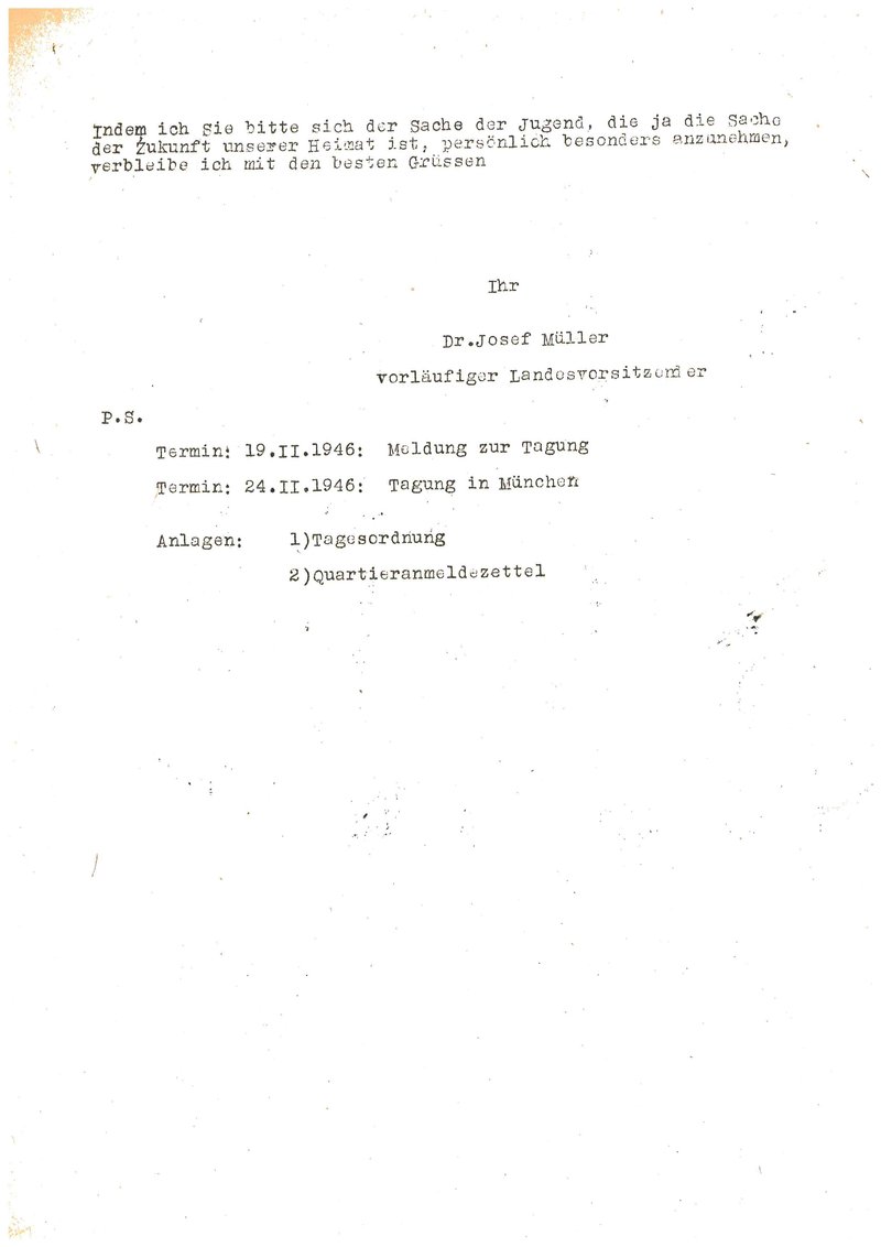 Rundschreiben des CSU-Vorsitzenden Müller vom 31.1.1946 zum Aufbau einer Jugendorganisation und Gründung eines Jugendausschusses am 24.2.1946 in München