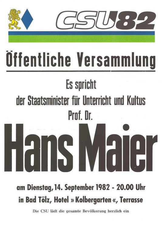 Plakat von Hans Maier für die Landtagswahl 1982