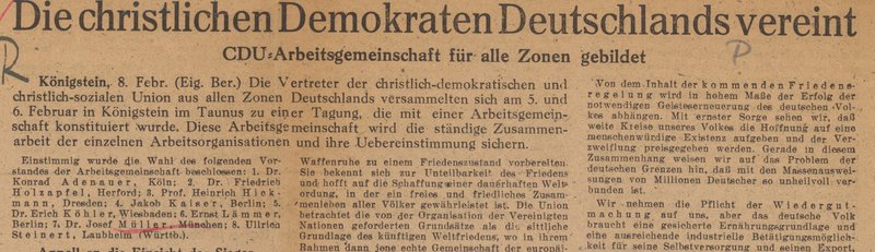 Zeitungsausschnitt über 2. Tagung der Arbeitsgemeinschaft der CDU und CSU Deutschlands, 5. und 6. Feb. 1947 in Königstein