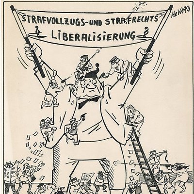 Zeichnung von Herbert Kolfhaus zur Diskussion um eine Strafrechtsliberaliserung vom 8.1.1972
