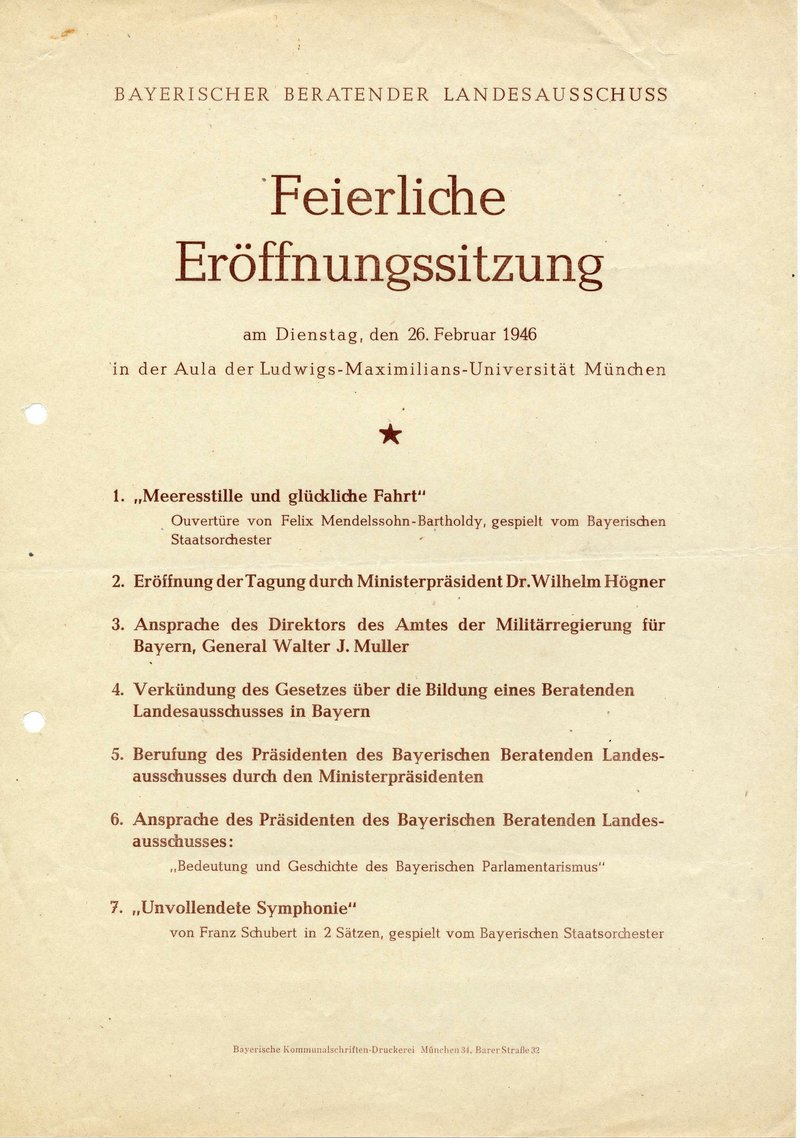 Programm der feierlichen Eröffnungssitzung des Bayerischen Beratenden Landesausschusses
