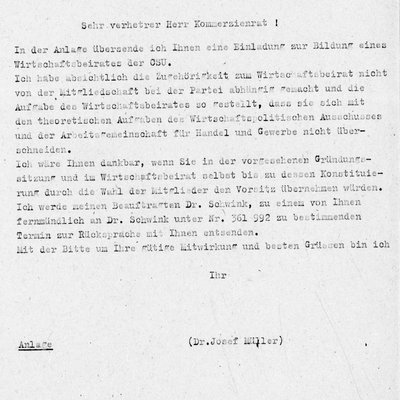 Einladung von Josef Müller zur Gründung des Wirtschafstbeirates der CSU an Georg Haindl 1948