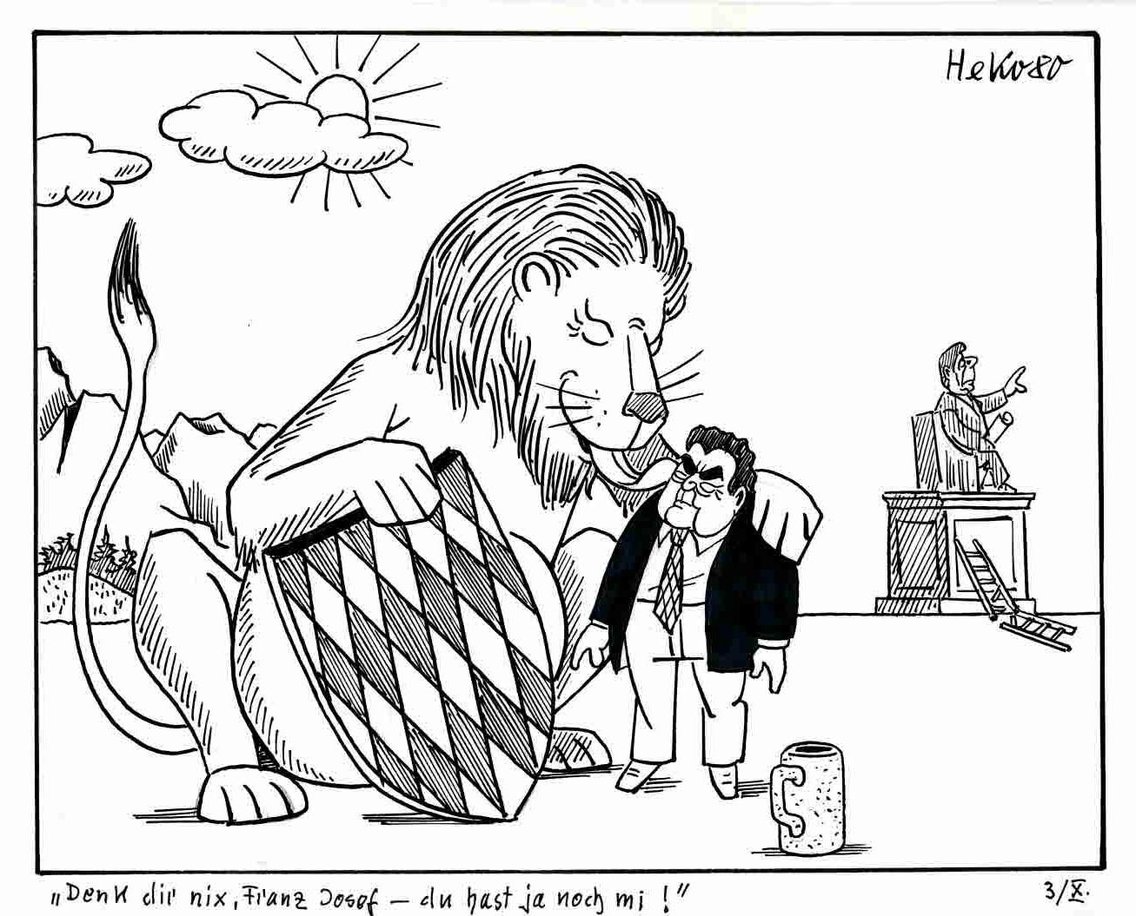 "Denk dir nix, Franz Josef - du hast ja noch mi!" Karikatur von Herbert Kolfhaus vom 3.10.1980