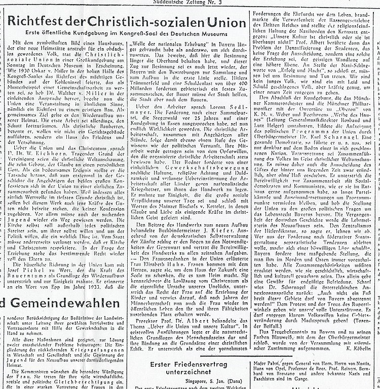 Zeitungsartikel über die erste Großkundgebung der CSU 