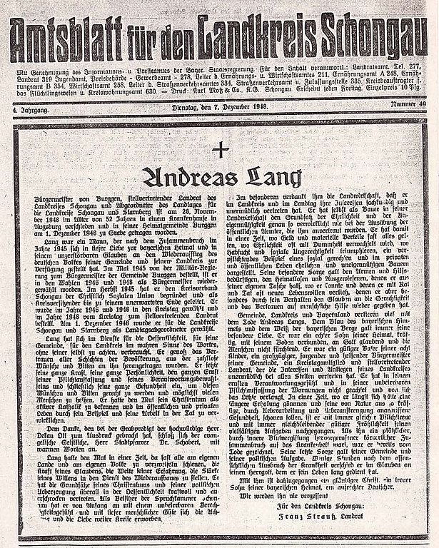 Nachruf auf Andreas Lang im Amtsblatt für den Landkreis Schongau vom 7.12.1948 verfasst von Franz Josef Strauß