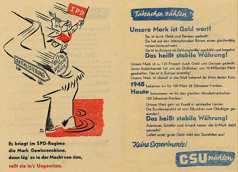 Die CSU wirbt auf dem Flugblatt zur Bundestagswahl 1957 mit der stabilen Währung „Deutsche Mark“