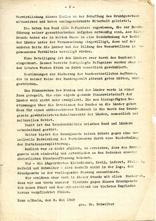 Redemanuskript von Josef Schwalber mit Erklärung der CSU-Abgeordneten zur Abstimmung über das Grundgesetz, S. 2