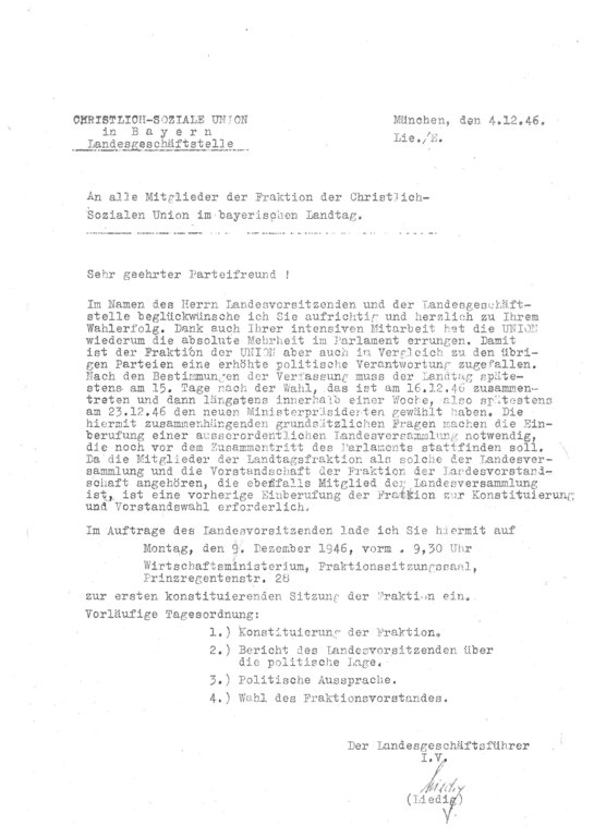 Einladung zur konstituierenden Sitzung am 9.12.1946
