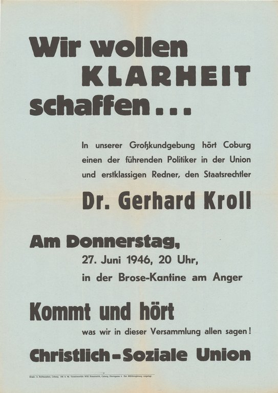 Sammlungsaufruf und Ankündigung einer Großkundgebung der CSU in Coburg am 27. Juni 1946