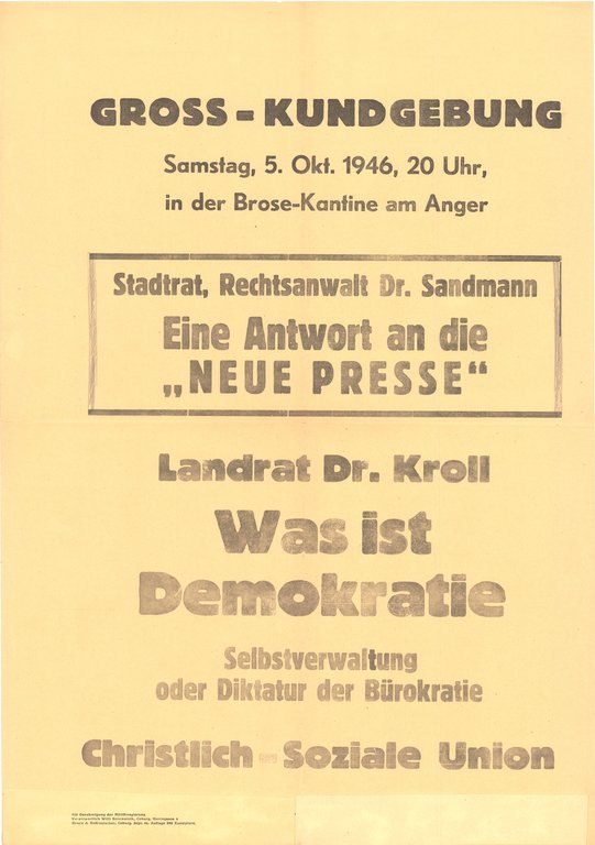 Ankündigung eines Vortrags über Demokratie in Coburg 1946